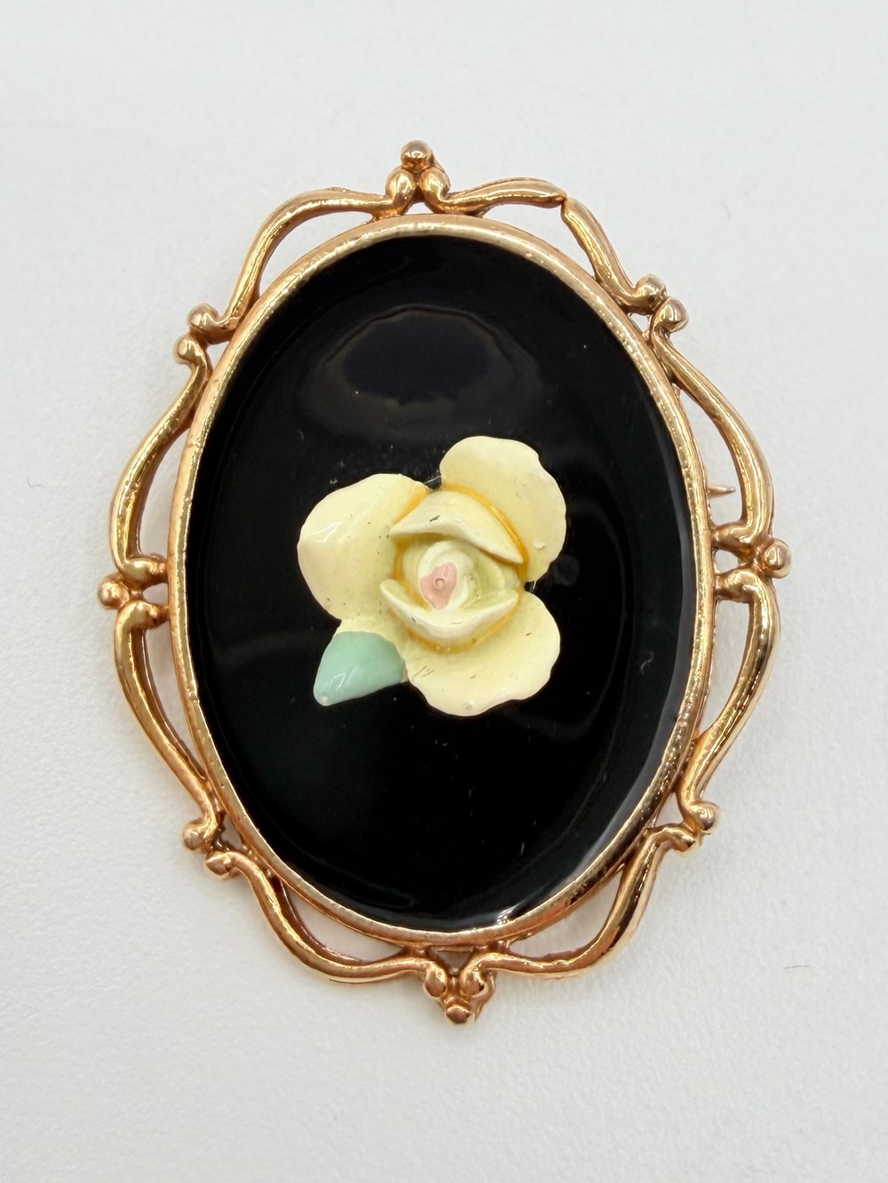 Michele Lynn Black Enamel Rose Pendant Brooch – Gold Tone Floral
